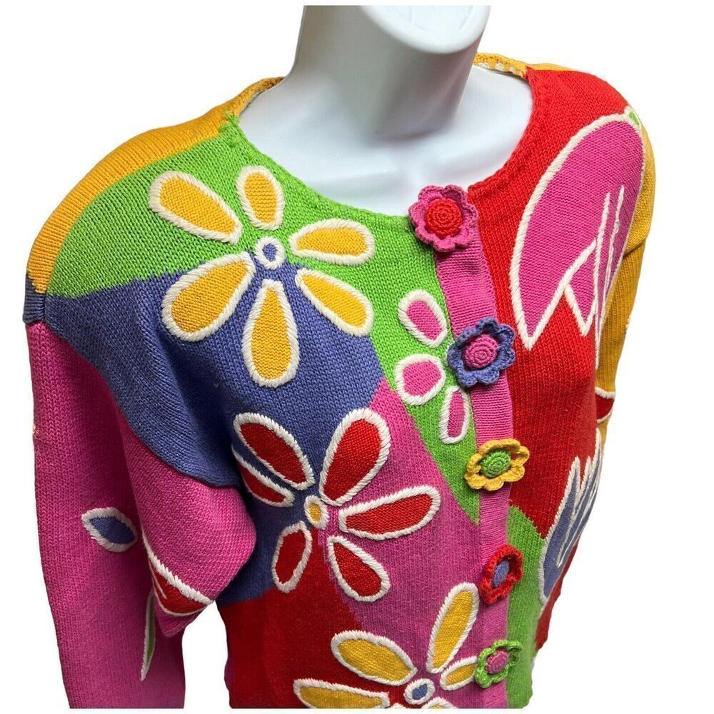 Lisa Nichols VTG‎ Women’s Sz 2 Small Colorful Flower Cardigan Rainbow 90’s Artsy